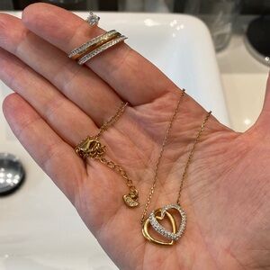 Rose Gold Double Hearts Necklace &  Circling Solitaire w Pavé Crystals